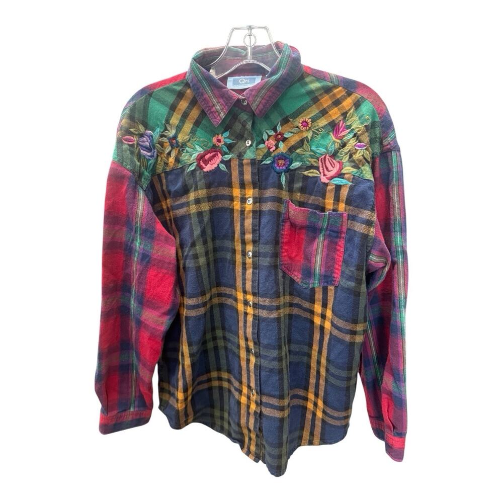 Vintage QPS Multicolored Plaid Embroided Flowers Medium Long Sleeve Shirt Boho